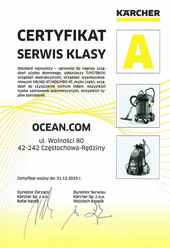 Certyfikat Serwis klasy A w myjki.eu